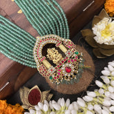 Vriksham Shree Ganesh Pendant 10 Layer Green Beaded Maala neckpiece-Aqua Green Bead-J3361